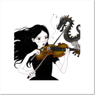 Dragon and the Violin Playing Girl Posters and Art